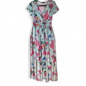 Elegant Ouges Floral Maxi Dress in Pink and Blue Size S